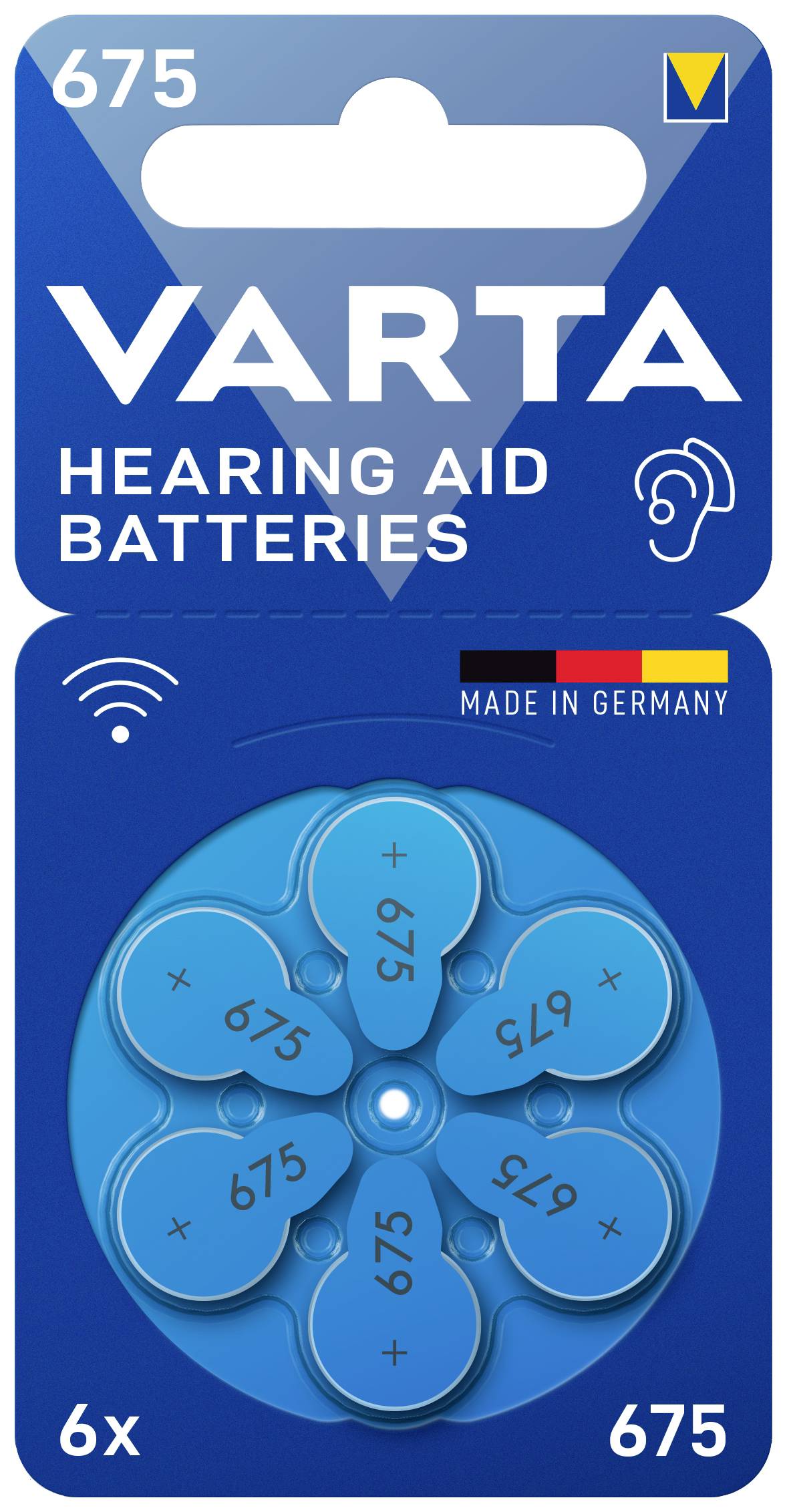 Verpackung mit 6 Hörgerätebatterien der Marke VARTA, Modell 675. Verpackung zeigt blaue Blumenform der Batterien, hergestellt in Deutschland.