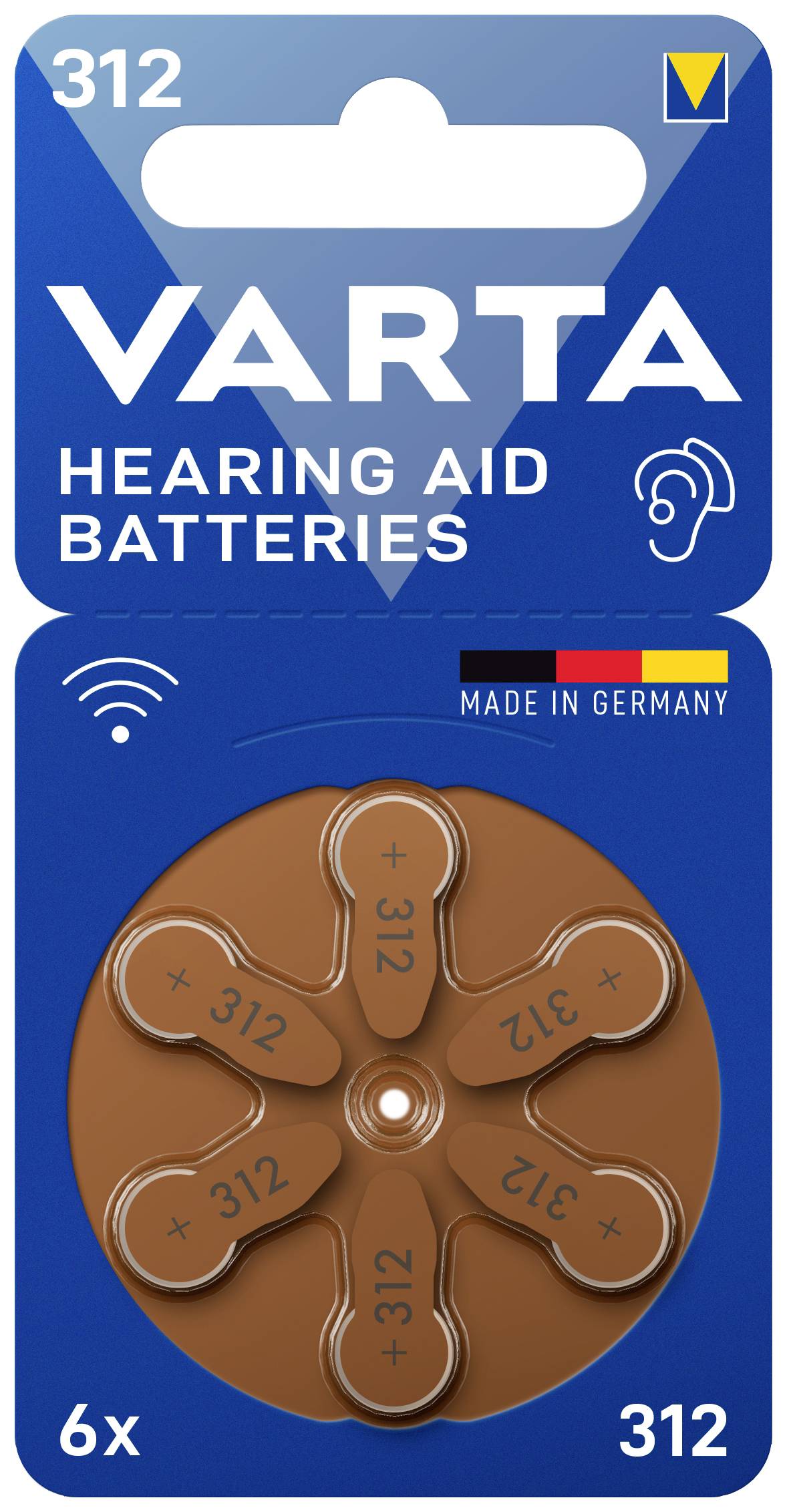 Hörgerätebatterien 'Varta 312' in sechser Packung, geeignet für Hörhilfen. Verpackung mit blauem Hintergrund und deutscher Flagge.