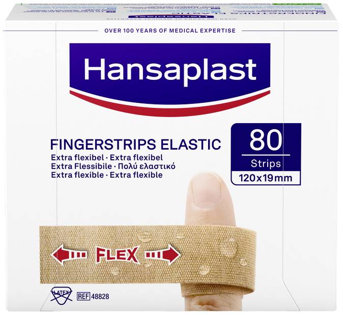 Ein elastisches Pflaster umwickelt einen Daumen. Auf der Verpackung steht: 'Hansaplast Fingerstrips Elastic, 80 Strips, 120x19mm'.