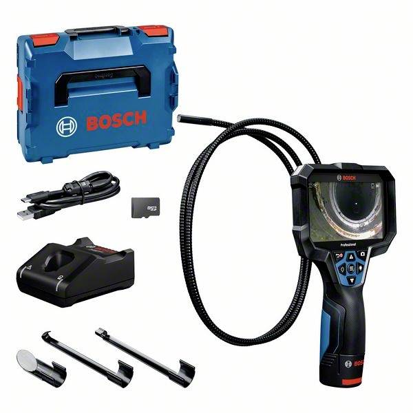 Ein Endoskop-Inspektionskamera-Set von Bosch, bestehend aus einem Handgerät mit Bildschirm, flexiblem Kabel, Ladegerät, USB-Kabel und Zubehör.