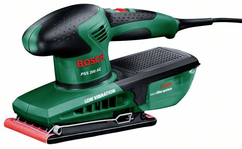 Grüner Bosch Elektroschleifer, Modell PSS 200 AC, mit Staubfangbox und Aufdruck 'LOW VIBRATION'.