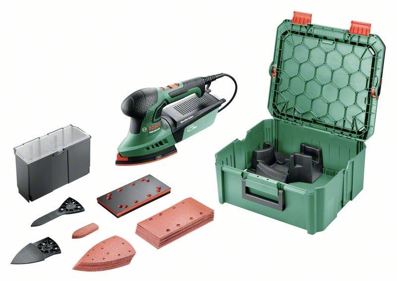 Multischleifer-Set mit Schleifblättern, Aufsätzen, Staubbehälter und grünem Transportkoffer. Elektrisches Werkzeug zum Schleifen.