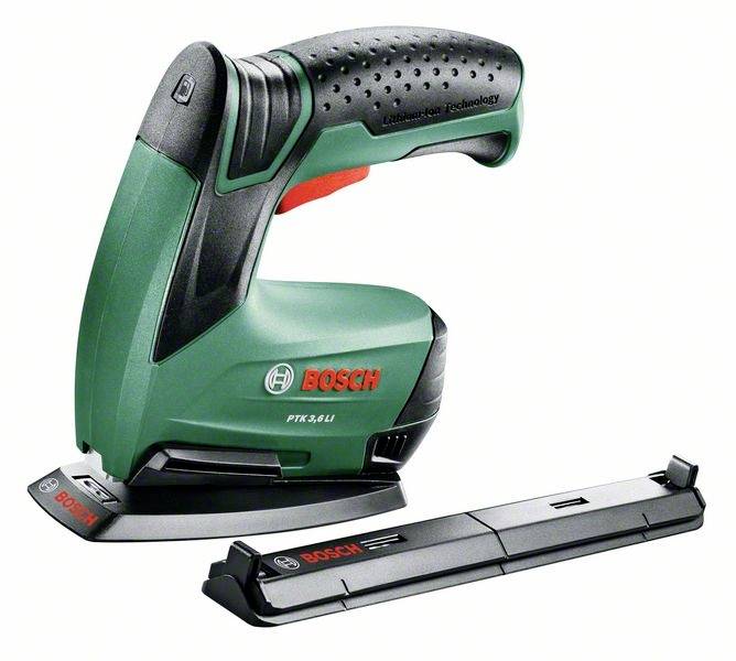 Grüner Bosch Elektro-Tacker mit ergonomischem Griff. Daneben liegt ein Zubehörteil.