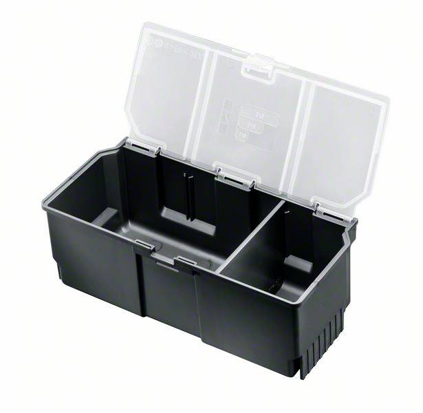 Schwarze Aufbewahrungsbox mit durchsichtigem Deckel, geöffnet, zwei gleich große Fächer innen.