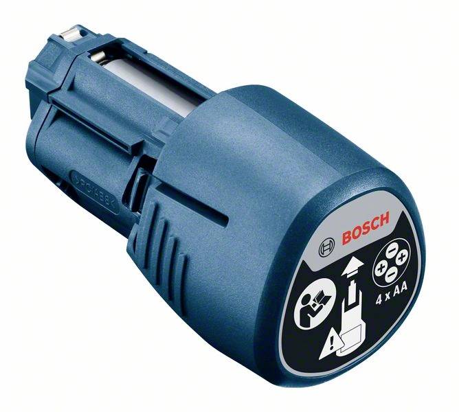 Ein batteriebetriebenes Bosch-Gerät mit blauer Hülle, das vier AA-Batterien benötigt. Aufkleber zeigt Anweisungen und Symbole.