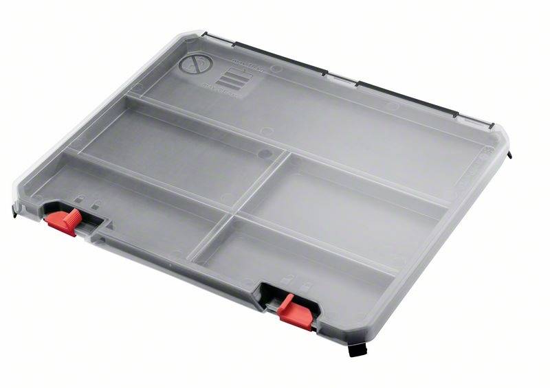 Transparente Sortierbox mit vier Fächern und zwei roten Verschlusshaken.