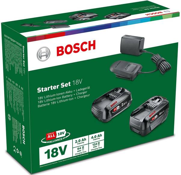 Bosch 18V Startersatz Produktbox mit Ladegerät, Netzteil und zwei Lithium-Ionen-Akkus mit einer Nennleistung von 2,0 Ah und 4,0 Ah.