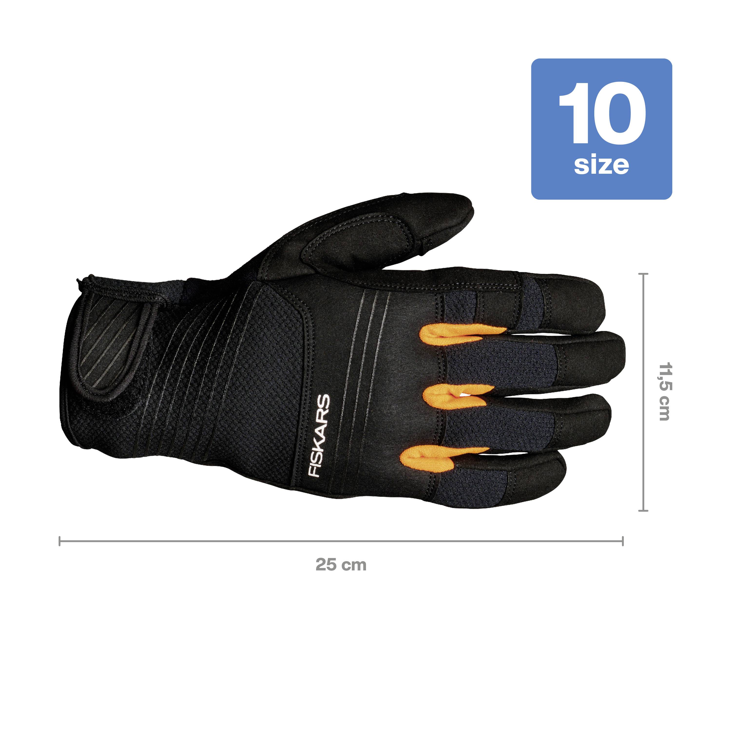 Schwarzer Handschuh mit orangen Details, Größe 10, Länge 25 cm, Höhe 11,5 cm, Marke sichtbar auf der Rückseite.