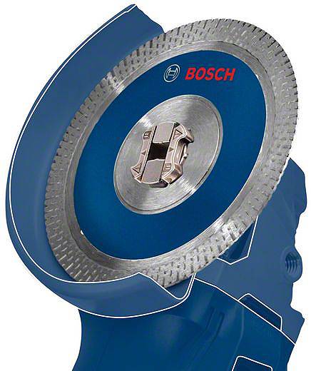 Ein blauer Bosch-Winkelschleifer mit einer silbernen Klinge, die Markierung und Logo auf dem Gehäuse.