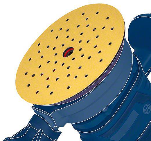 Eine Schleifmaschine mit einem gelben Schleifpad, das viele kleine Löcher aufweist, ist in Nahaufnahme abgebildet.