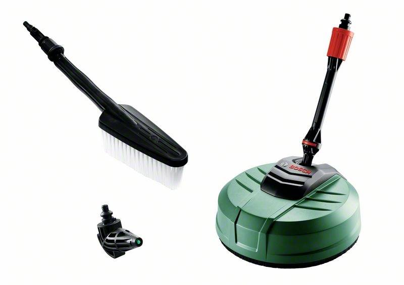 Reinigungszubehör-Set bestehend aus einer runden, grünen Reinigungsdüse, einer Bürste mit weißen Borsten und einer kleinen schwarzen Düse.