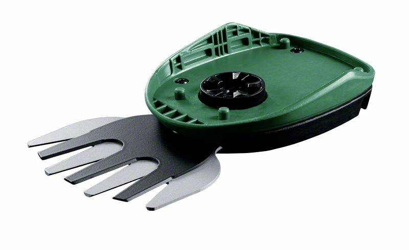 Ein grüner Aufsatz für eine elektrische Gartenschere mit kurzen, breiten Klingen, geeignet zum Schneiden kleiner Sträucher und Gras.