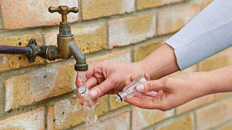 Eine Person hält eine kleine Glasflasche unter einen Wasserhahn, um sie mit Wasser zu füllen.