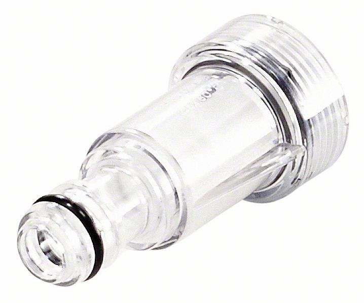 Ein transparenter Kunststoffadapter mit Gewinde, wahrscheinlich für die Verbindung von Schläuchen im technischen oder medizinischen Bereich.