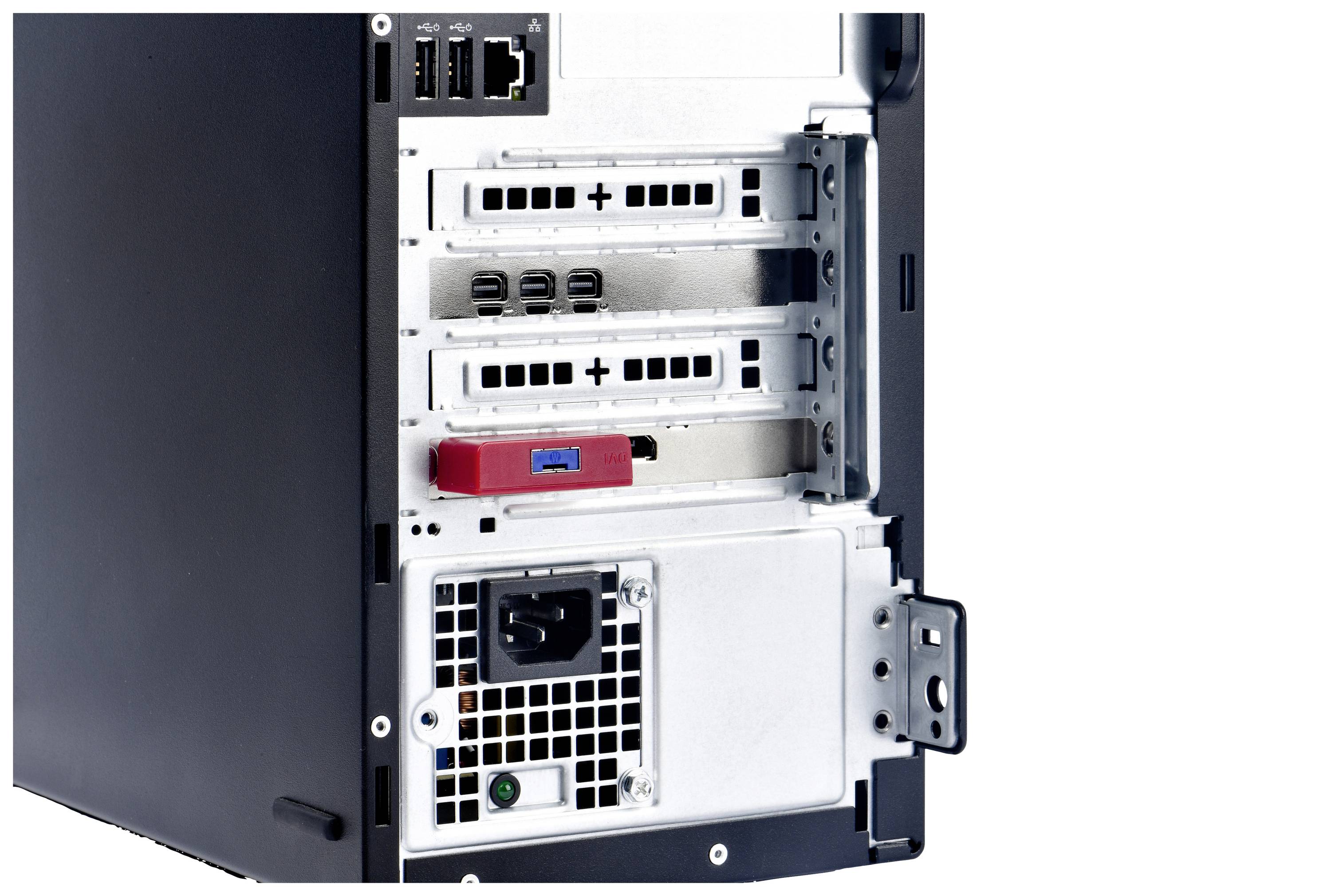 Rückseite eines Computergehäuses mit Anschlüssen und Erweiterungskartensteckplätzen. Netzwerk- und USB-Anschlüsse sichtbar.