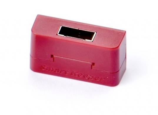 Rotes USB-Port-Abdeckungsschloss, das verhindert, dass unautorisierte Geräte eine Verbindung herstellen. Text 'Smart Keeper' eingraviert.