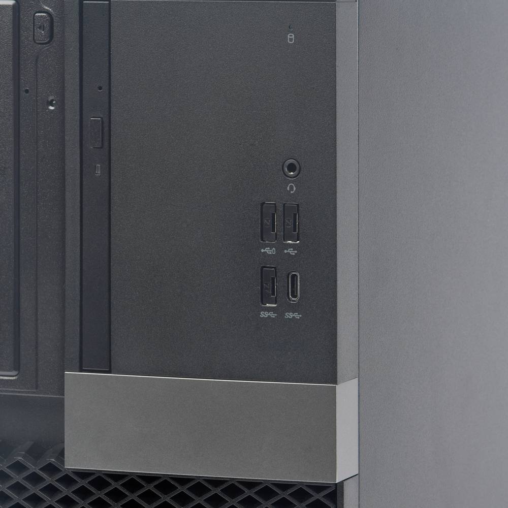 Vorderseite eines Desktop-Computers, zeigt Anschlüsse für USB und Audio. Klare und moderne Gestaltung mit schwarzer Oberfläche.