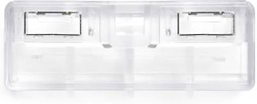 Ein transparenter, rechteckiger Kunststoffbehälter mit zwei inneren Fächern, die jeweils eine dünne Metallklinge enthalten.