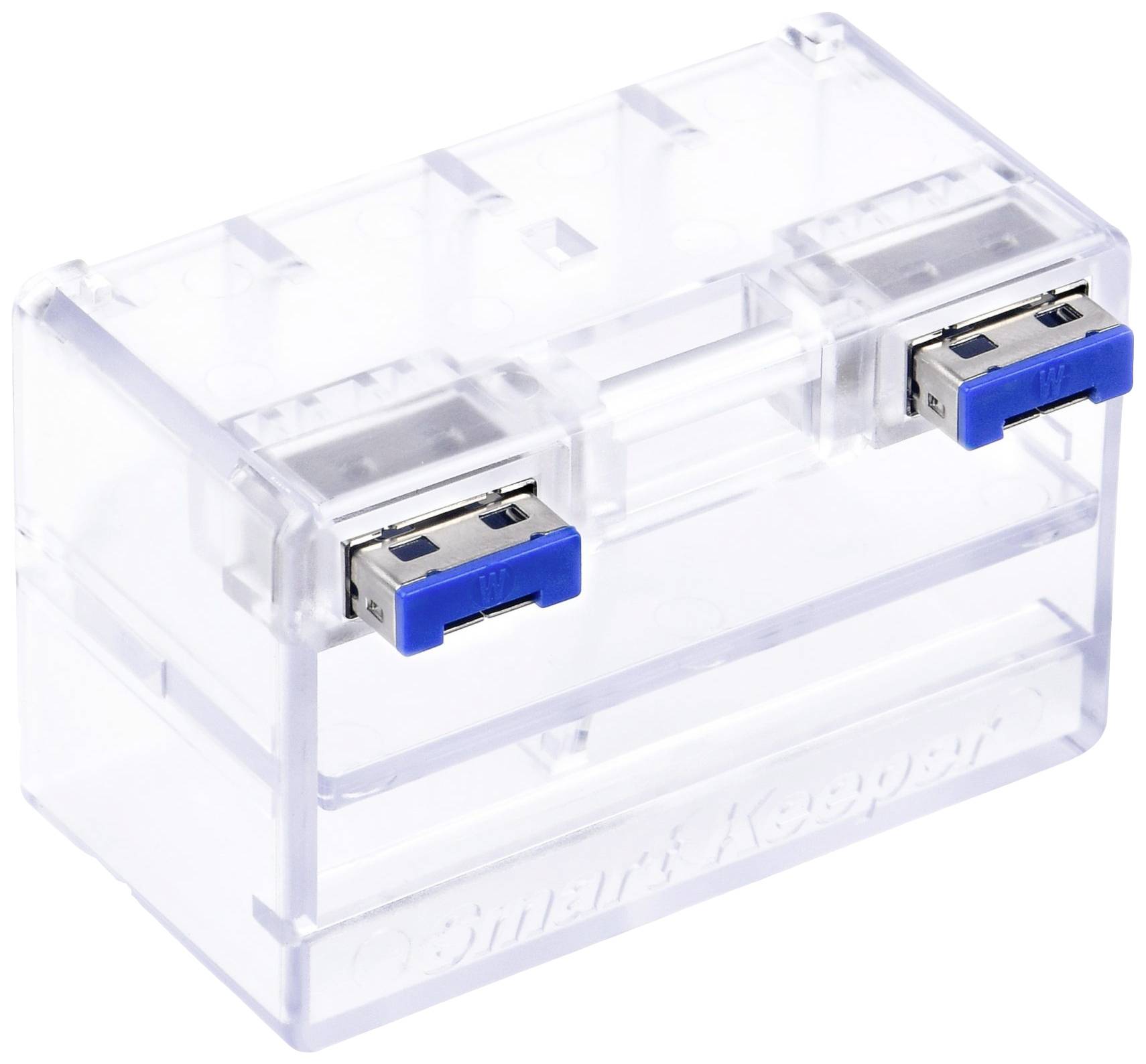 Durchsichtige Kunststoffabdeckung mit zwei blauen USB-Anschlüssen, schützt eingesteckte Geräte vor unerwünschtem Zugriff.