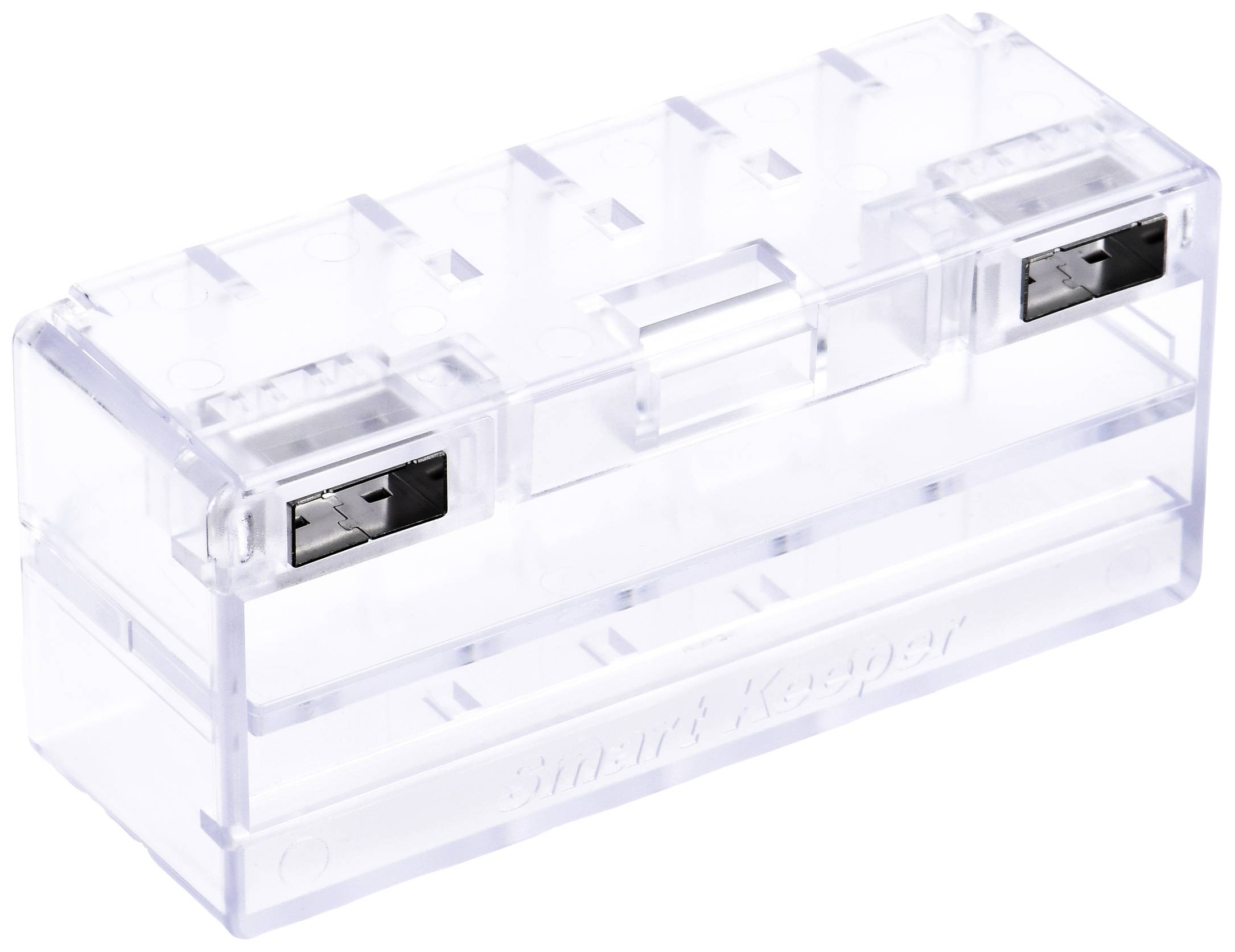 Transparente Kunststoffbox mit zwei USB-Anschlüssen an den Seiten, vorgesehen zur Aufbewahrung oder Sicherung elektronischer Geräte.