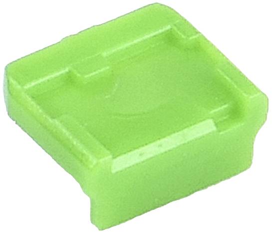 Ein grüner, quadratischer Kunststoffdeckel mit leicht erhöhten Kanten.