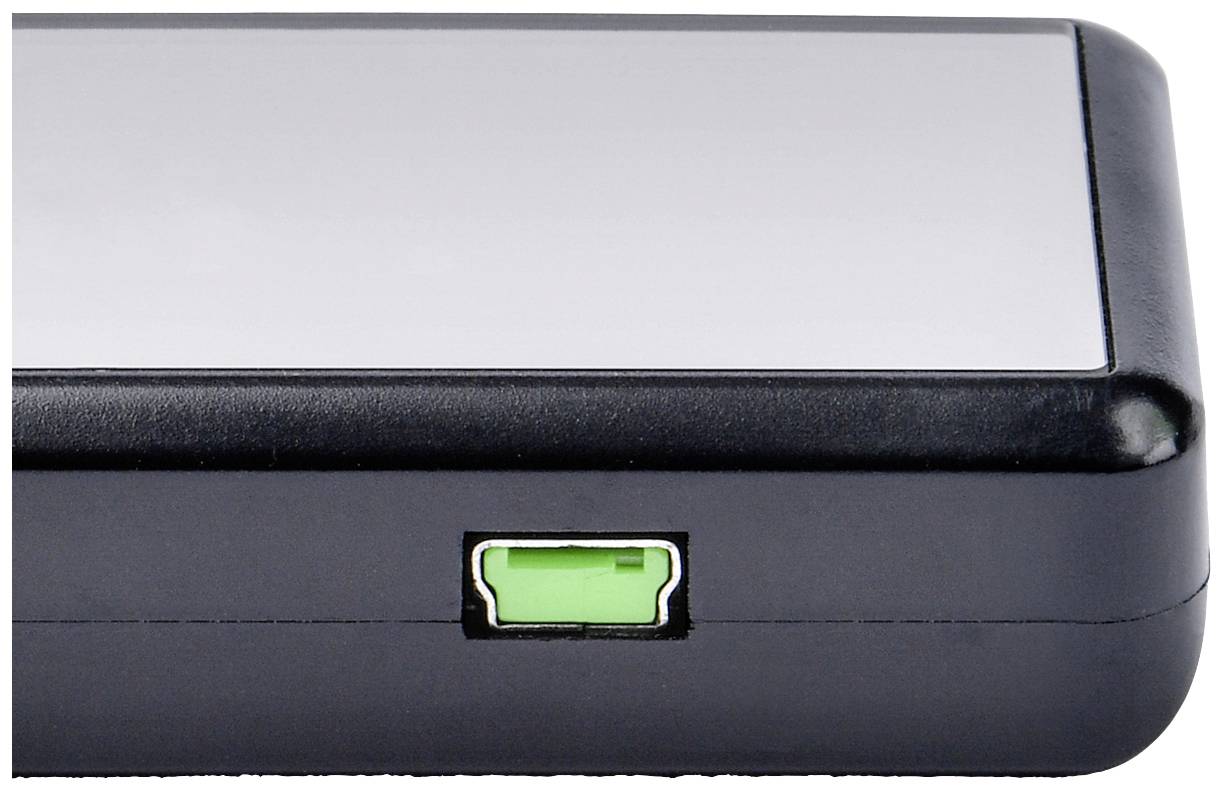 Schwarzes Gerät mit rechteckigem Design, grüne USB-Buchse auf der Seite, silberne Oberseite.