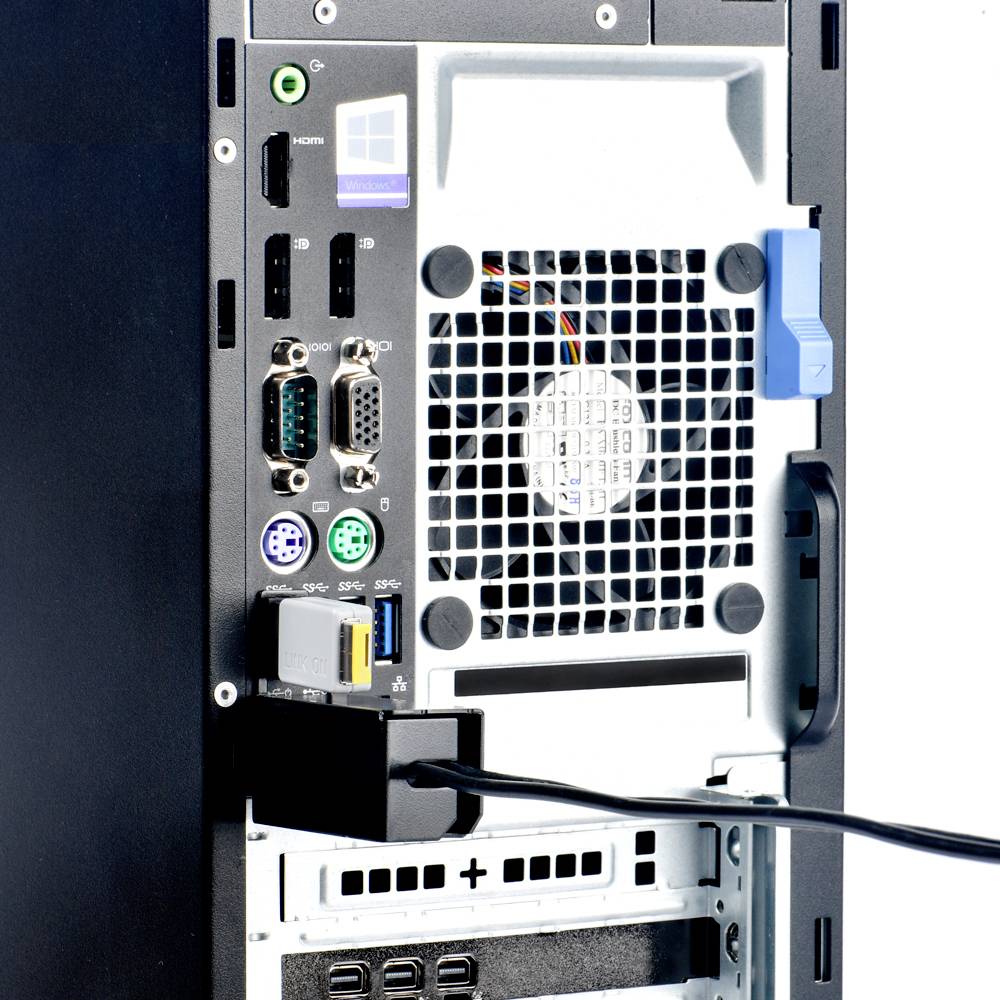 Rückseite eines Computergehäuses mit Anschlüssen wie HDMI, USB und Lüftergitter.