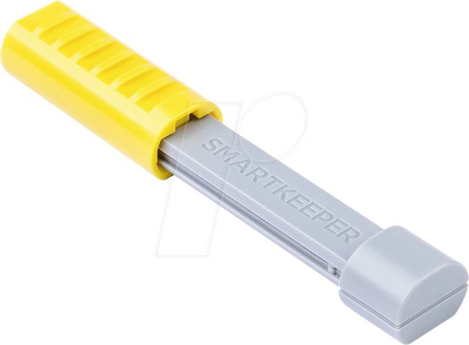 Ein grauer USB-Schutz mit gelbem Griff verhindert unbefugten Zugriff auf USB-Anschlüsse.