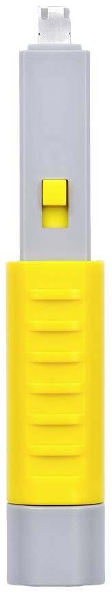 Ein gelbes Feuerzeug mit grauen Elementen, vertikal stehend.