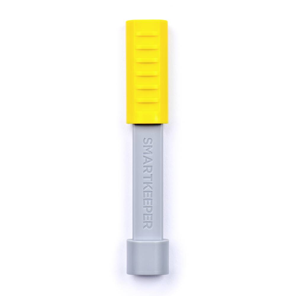 Gelbes Sicherheitsschloss mit grauem Griff, auf dem 'SMARTKEEPER' steht.