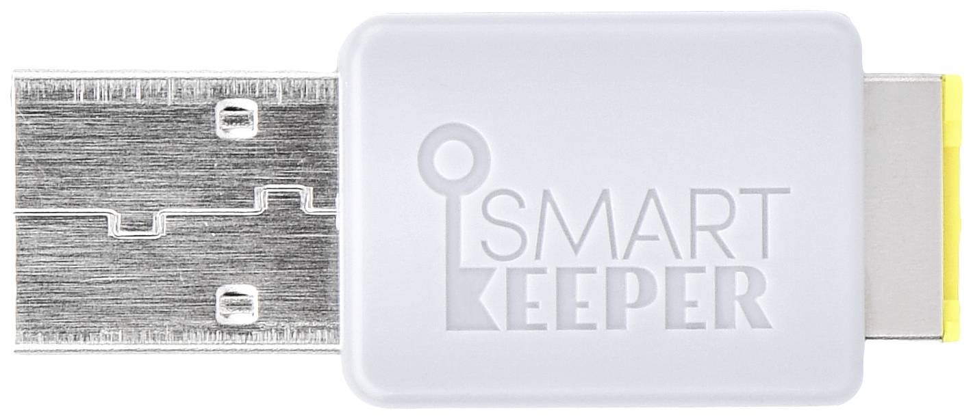 Ein USB-Gerät mit weißem Gehäuse, auf dem 'SMART KEEPER' steht, zeigt eine Sicherheitsvorrichtung am USB-Anschluss.