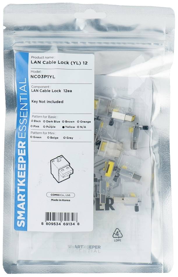 Tüte mit zwölf LAN-Kabelschlössern und einem Etikett 'SMARTKEEPER ESSENTIAL'. Kein Schlüssel enthalten.