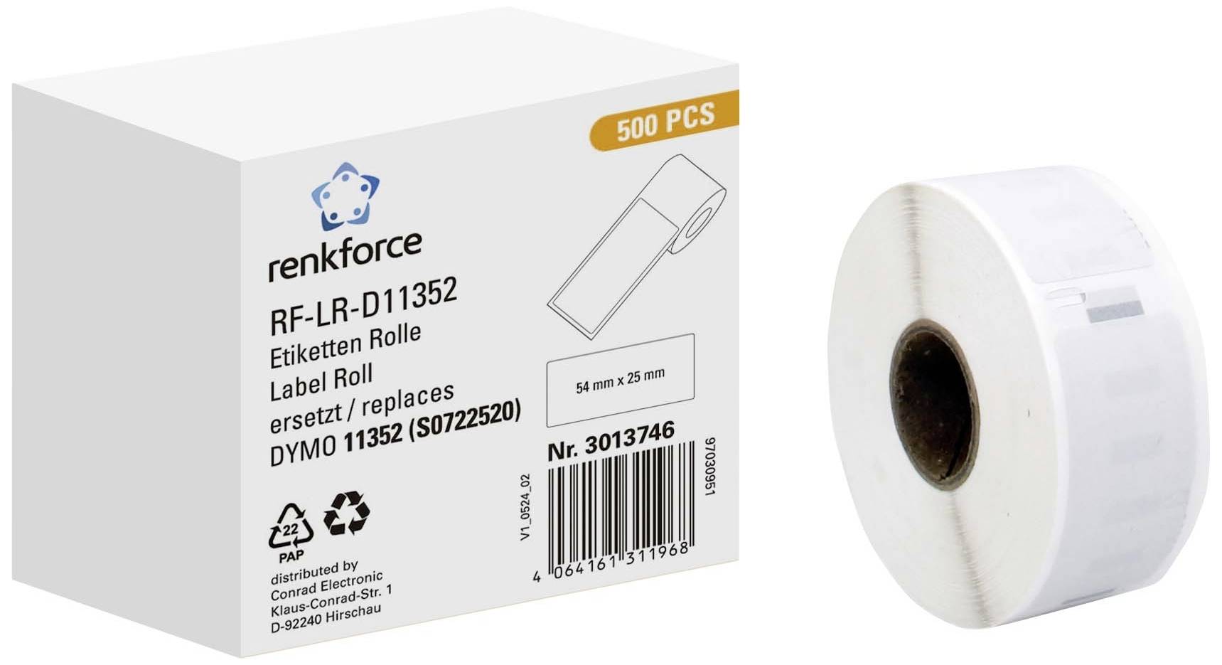 Eine Rolle Etiketten '54 mm x 25 mm' neben der Verpackung mit 500 Stück. Markenname 'renkforce', ersetzt 'DYMO 11352'.