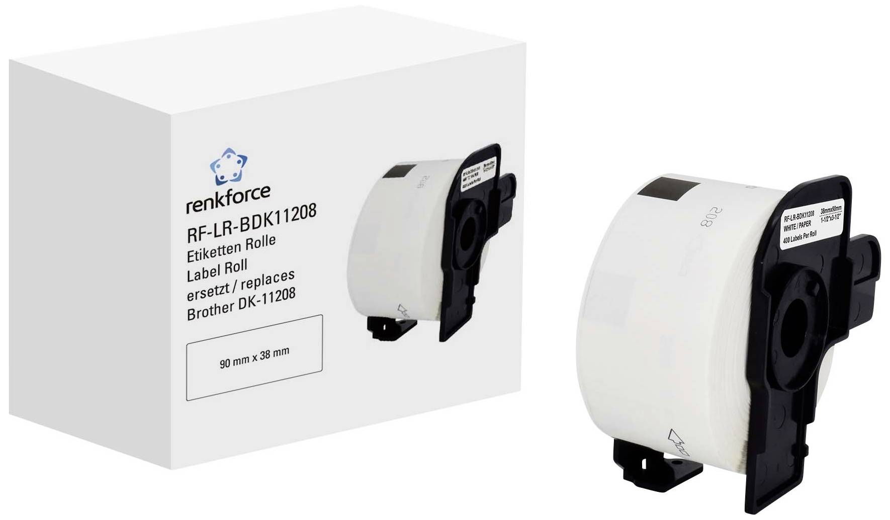 Etikettenrolle neben Verpackung mit der Aufschrift: 'RF-LR-BDK11208, ersetzt Brother DK-11208, 59 mm x 38 mm'.