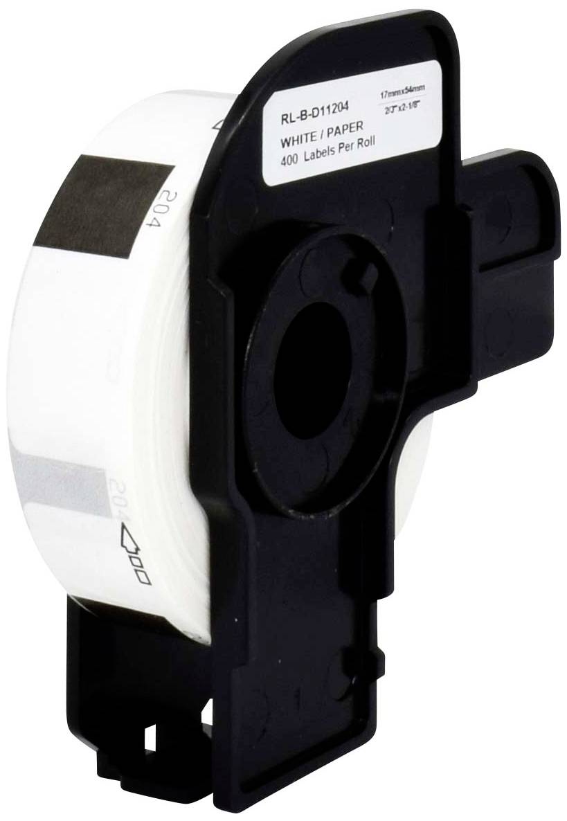 Etikettenrolle 'WHITE / PAPER' mit 400 Etiketten pro Rolle, in einem schwarzen Halter.