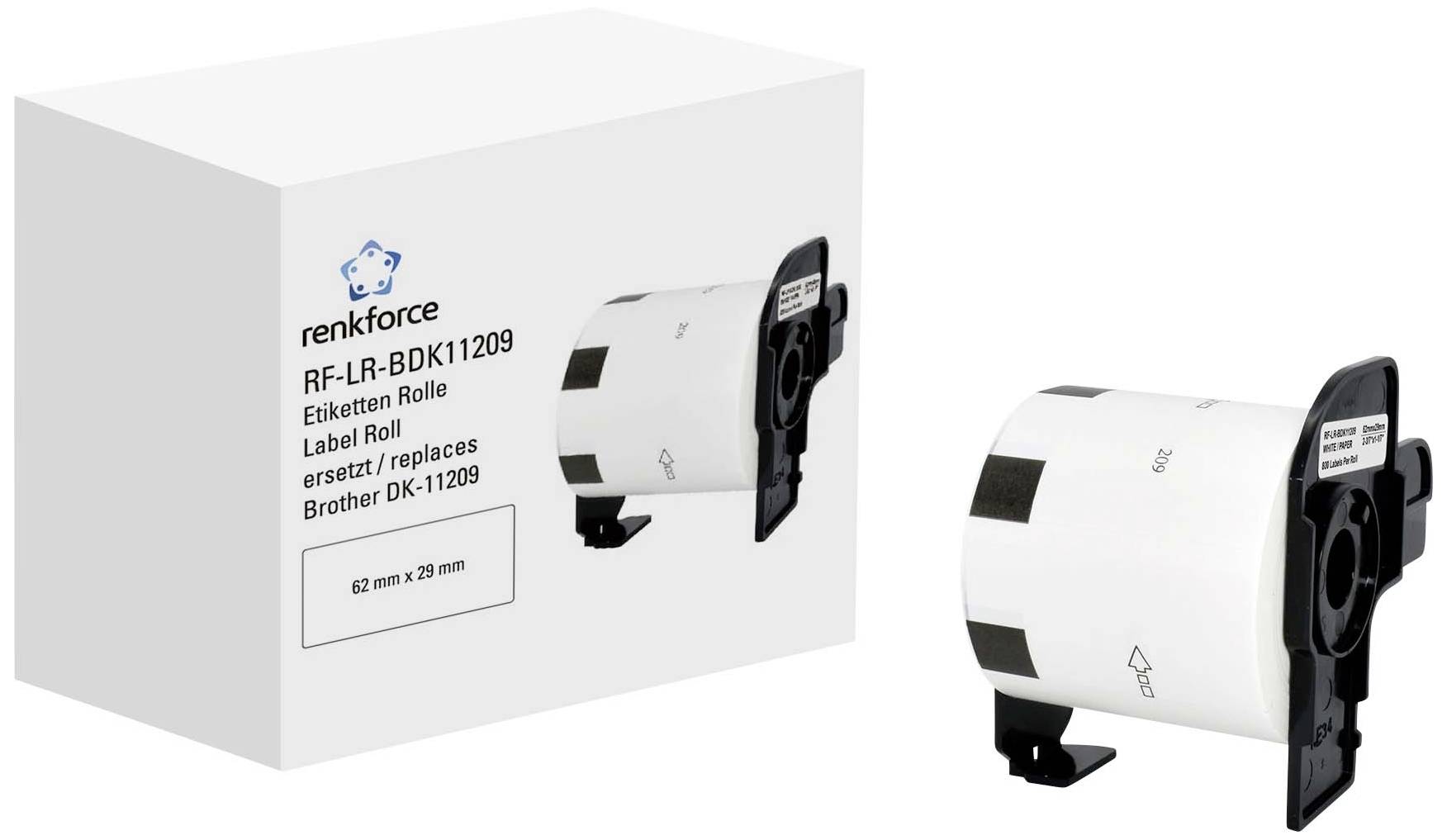 Verpackung und Rolle mit Etiketten der Marke 'renkforce', kompatibel mit Brother DK-11209, 62 mm x 29 mm, für Drucker.