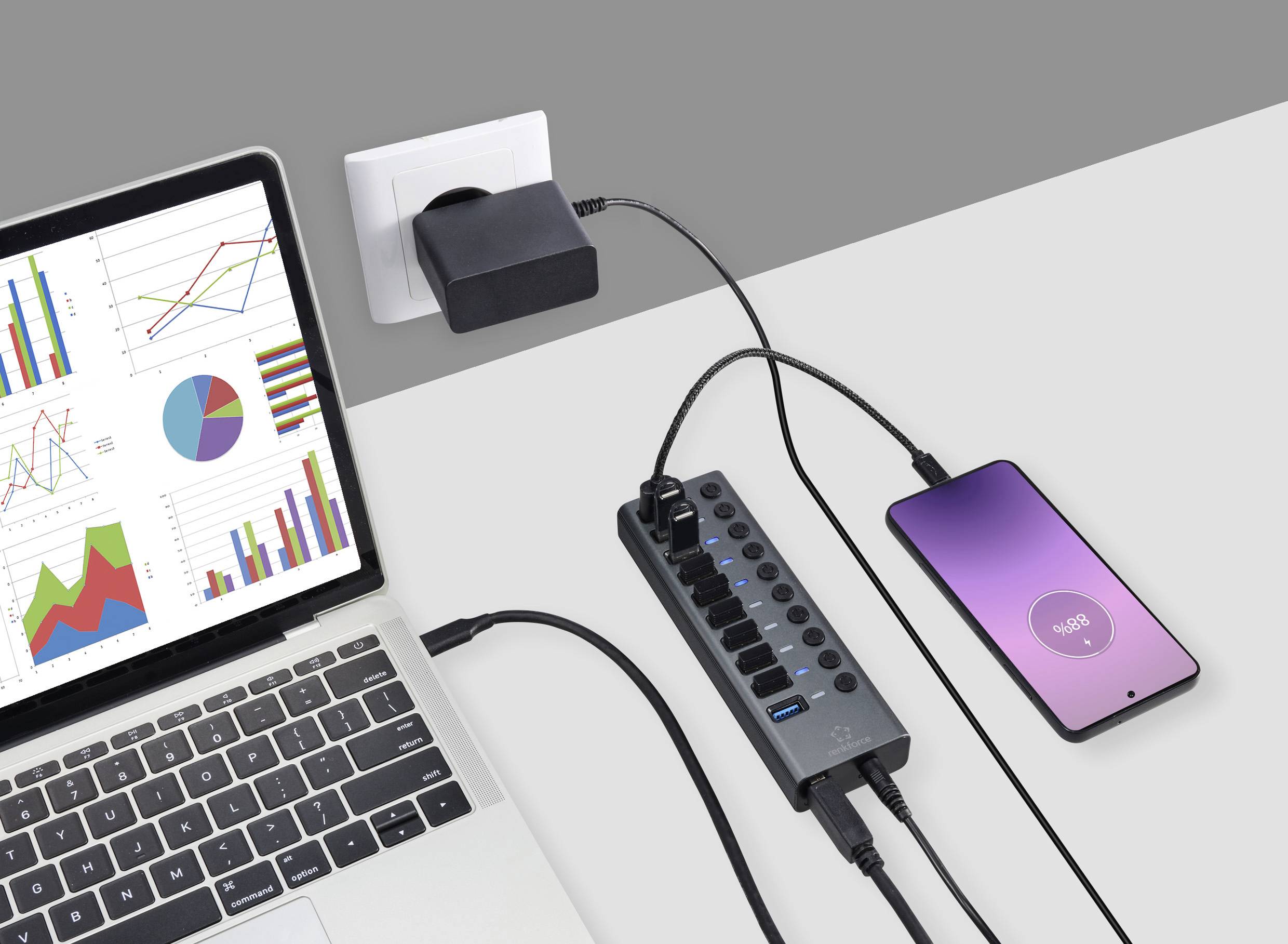 Renkforce RF-6027504 10 Port USB 3.2 Gen 2-Hub einzeln schaltbar, mit Aluminiumgehäuse Silber-Schwarz