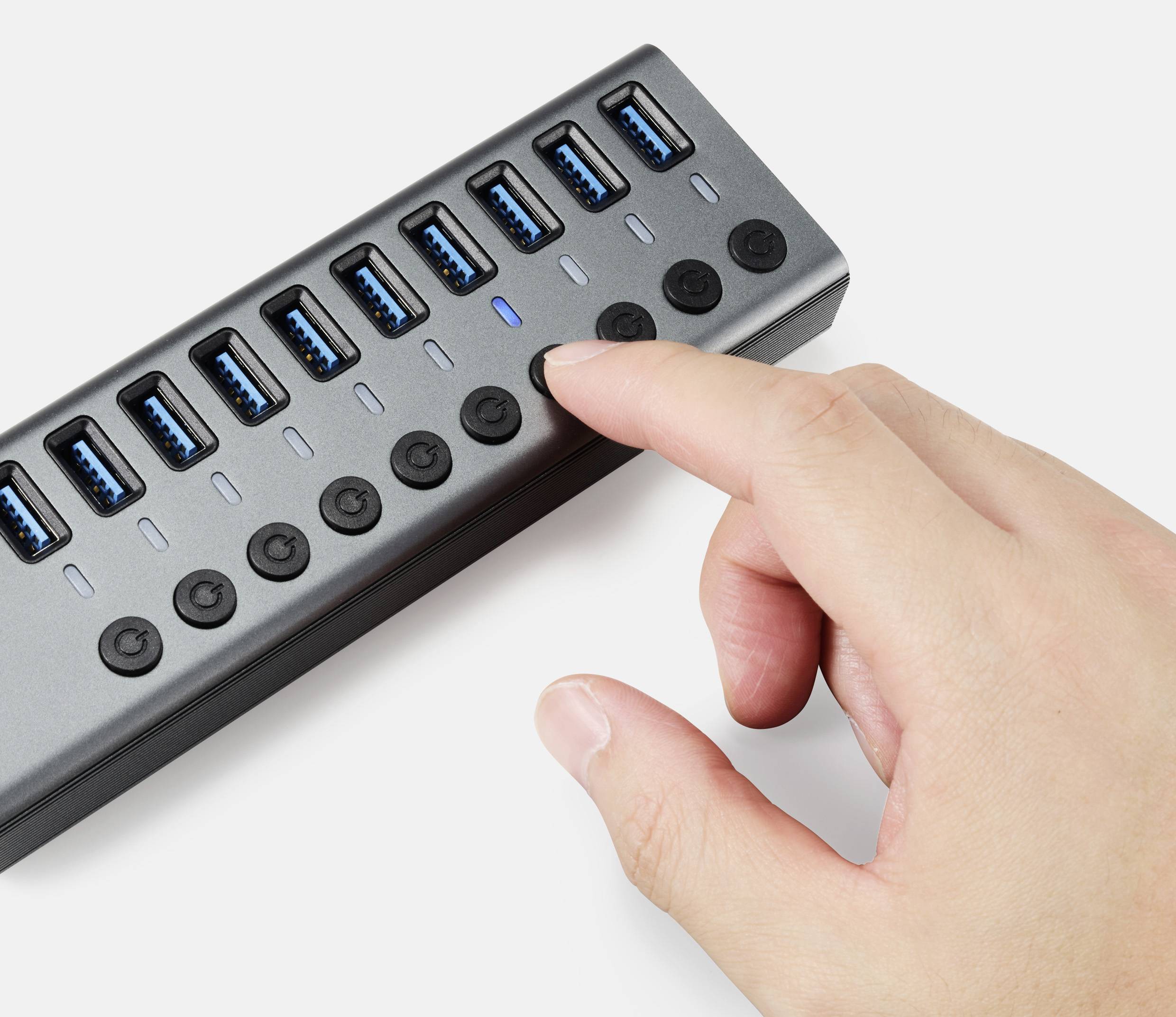 Renkforce RF-6027504 10 Port USB 3.2 Gen 2-Hub einzeln schaltbar, mit Aluminiumgehäuse Silber-Schwarz