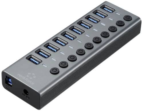 Renkforce RF-6027504 USB-Hub 10 Port USB-A USB 3.1 Gen2 10 GBit/s einzeln schaltbar, mit Aluminiumg
