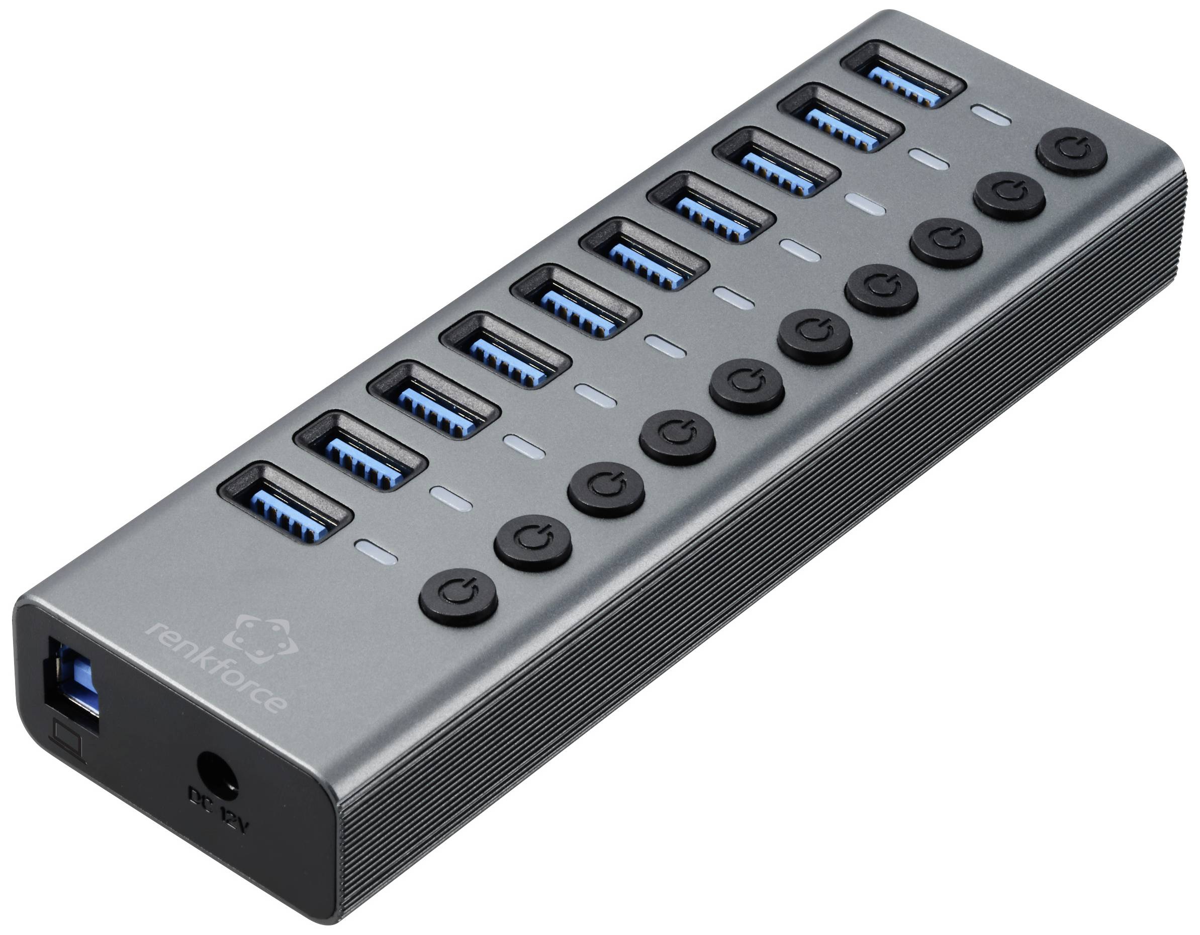 Renkforce RF-6027504 10 Port USB 3.2 Gen 2-Hub einzeln schaltbar, mit Aluminiumgehäuse Silber-Schwa