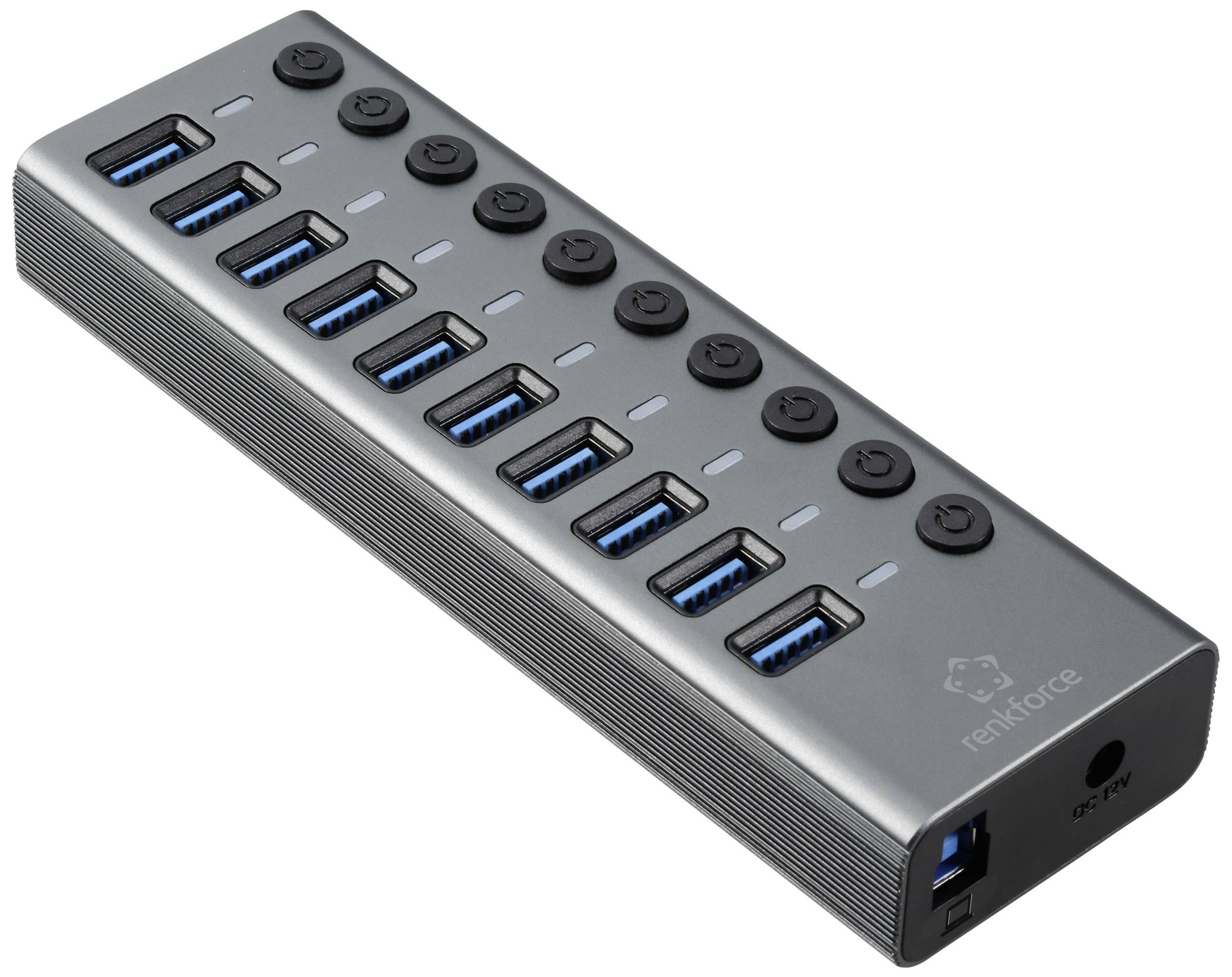 Renkforce RF-6027504 10 Port USB 3.2 Gen 2-Hub einzeln schaltbar, mit Aluminiumgehäuse Silber-Schwarz