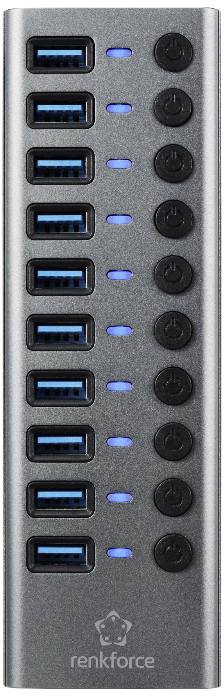 Renkforce RF-6027504 10 Port USB 3.2 Gen 2-Hub einzeln schaltbar, mit Aluminiumgehäuse Silber-Schwarz