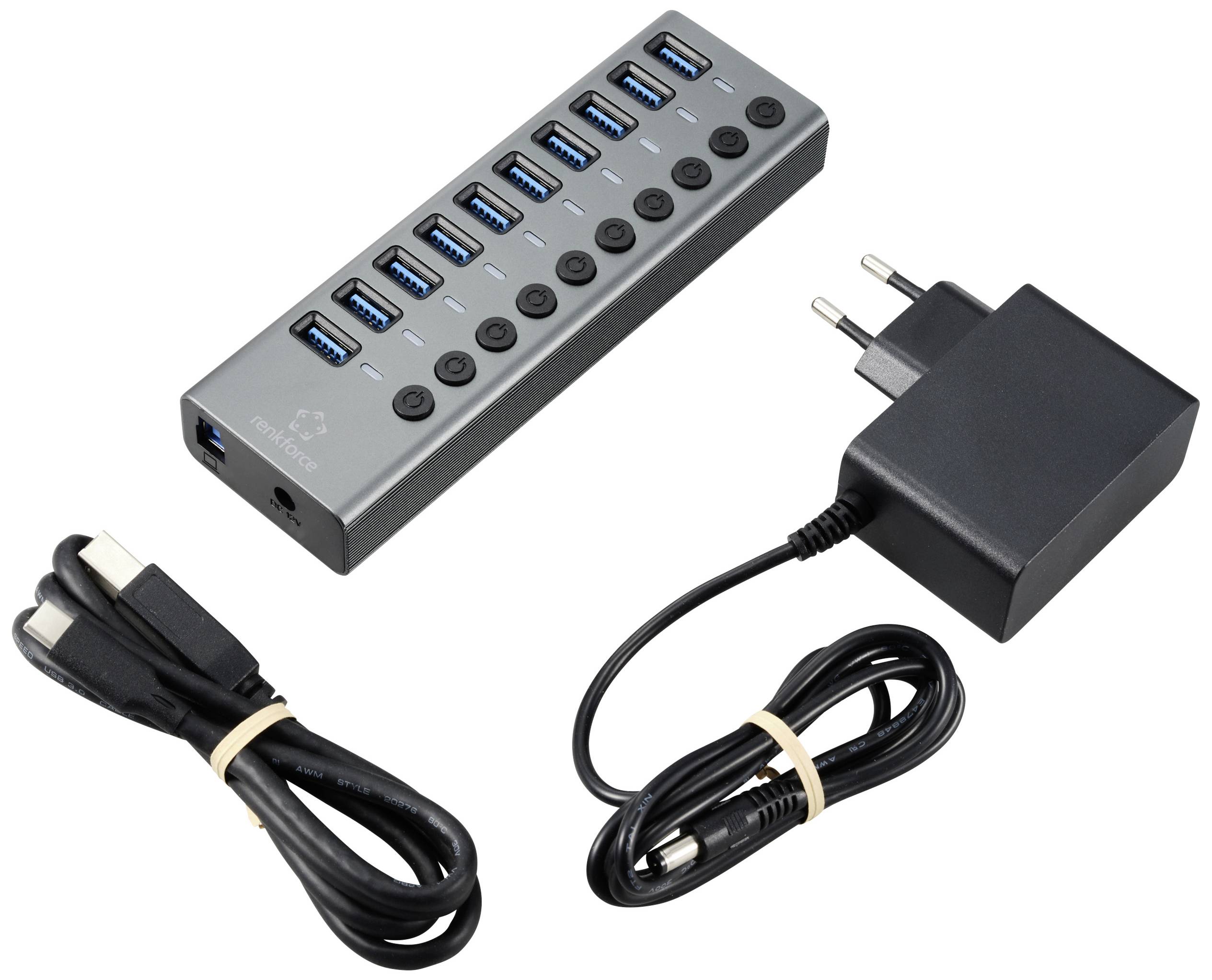 Renkforce RF-6027504 10 Port USB 3.2 Gen 2-Hub einzeln schaltbar, mit Aluminiumgehäuse Silber-Schwarz