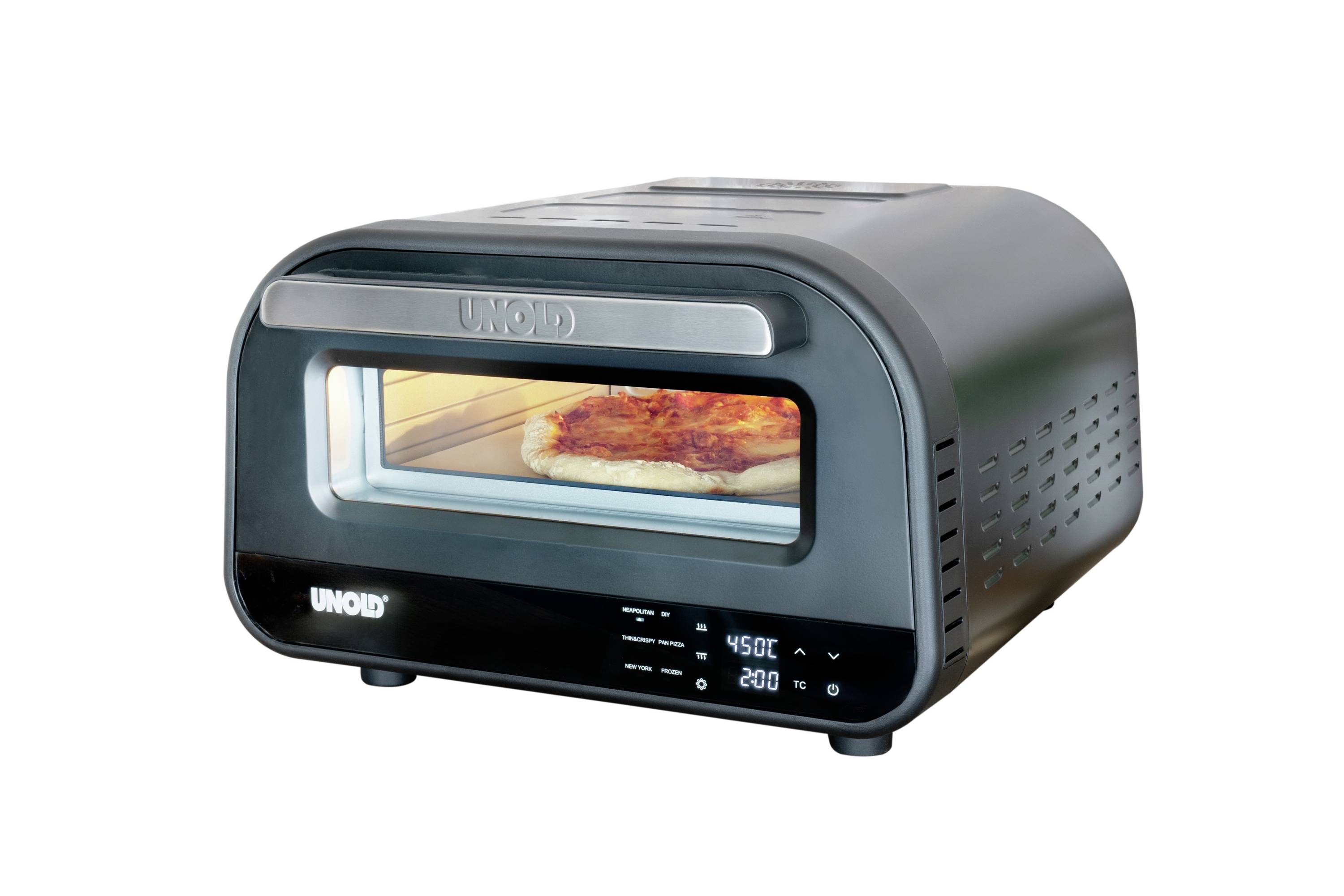 Ein schwarzer Ofen mit einer Pizza im Inneren zeigt eine Temperaturanzeige von 450°C und eine Zeit von 200 Minuten auf dem Display.