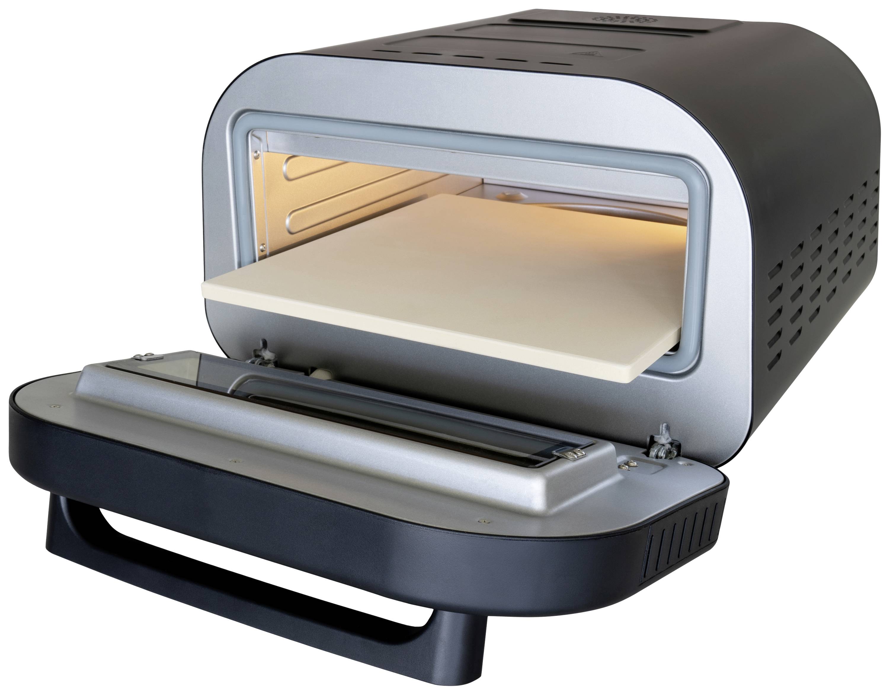Ein geöffneter Tischofen mit einem Backstein im Inneren, bereit zum Backen von Pizza oder Brot. Der Ofen hat eine moderne, graue Verkleidung.