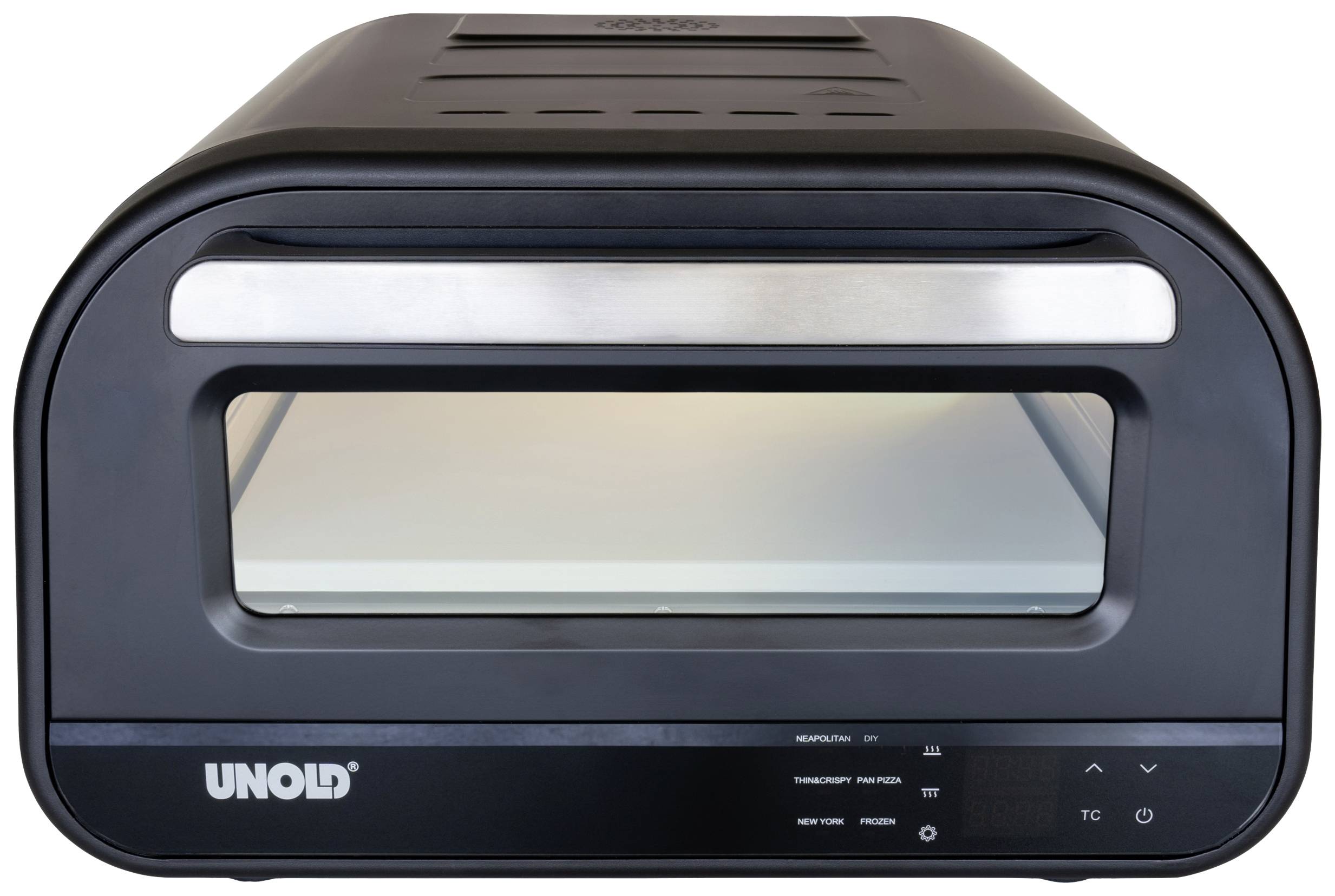 Schwarzer Unold-Ofen mit Glasscheibe in der Tür, Bedienelemente unten. Elektrischer Grillofen, kompakt und modern gestaltet.