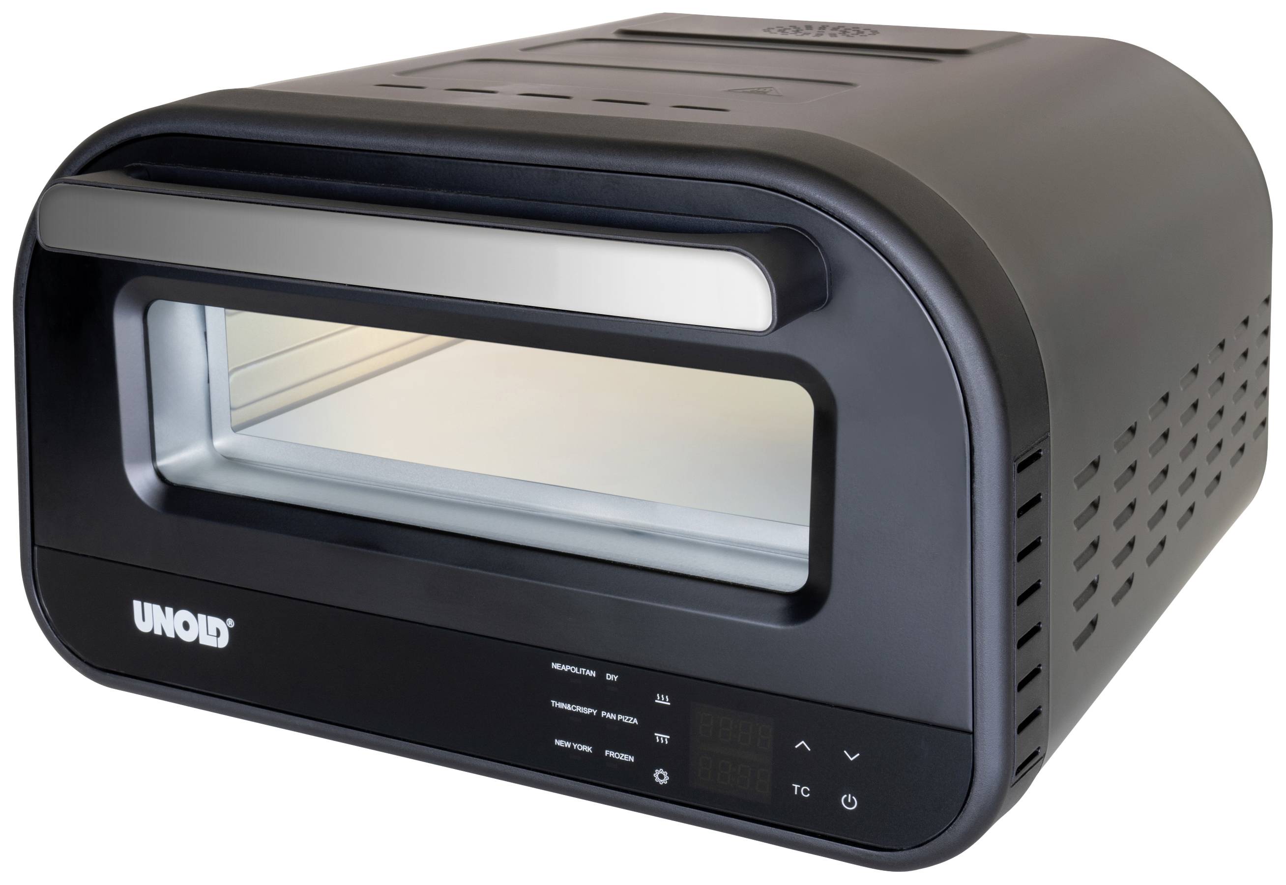 Schwarzer Pizzaofen mit Sichtfenster, Markenname 'UNOLD' auf der Vorderseite, Bedienfeld mit Temperaturanzeige und Bedienelementen.
