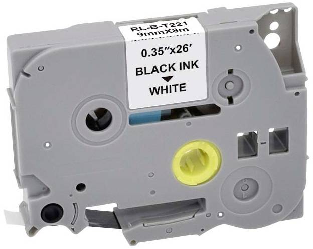 Grau-schwarze Etikettenkassette mit der Aufschrift 'BLACK INK WHITE', 9mm Breite, 8m Länge, für Beschriftungsgerät.