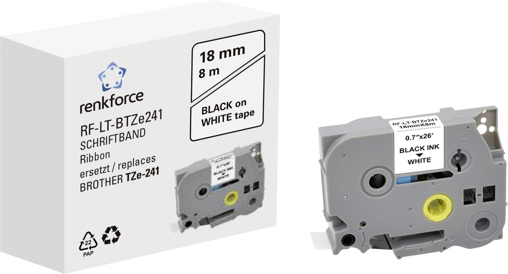 Kartonschachtel und Bandkassette von renkforce, jeweils mit dem Text 'BLACK on WHITE tape' und 'ersetzt / replaces BROTHER TZe-241'.