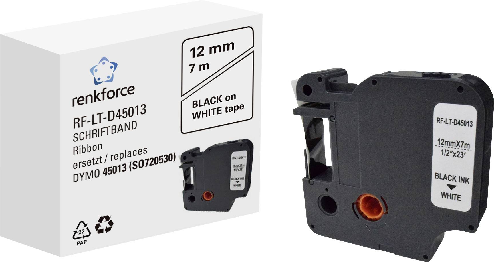 Eine schwarze Schriftbandkassette auf weißem Hintergrund. Text auf der Verpackung: 'Renkforce RF-LT-D45013, 12 mm x 7 m, ersetzt Dymo 45013'.